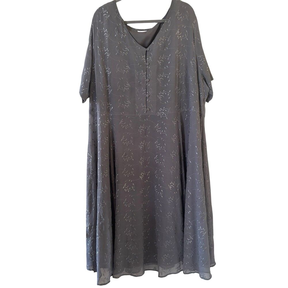 Vintage 80s Lagenlook Womens Dress‎ Size Aprox LG Grey Floral Modest Oversized